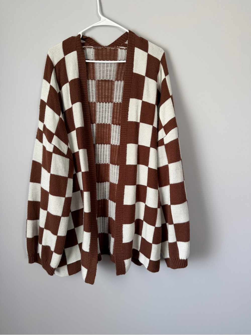 Checkerboard Open-Front Cardigan Sweater - Brown & Cream